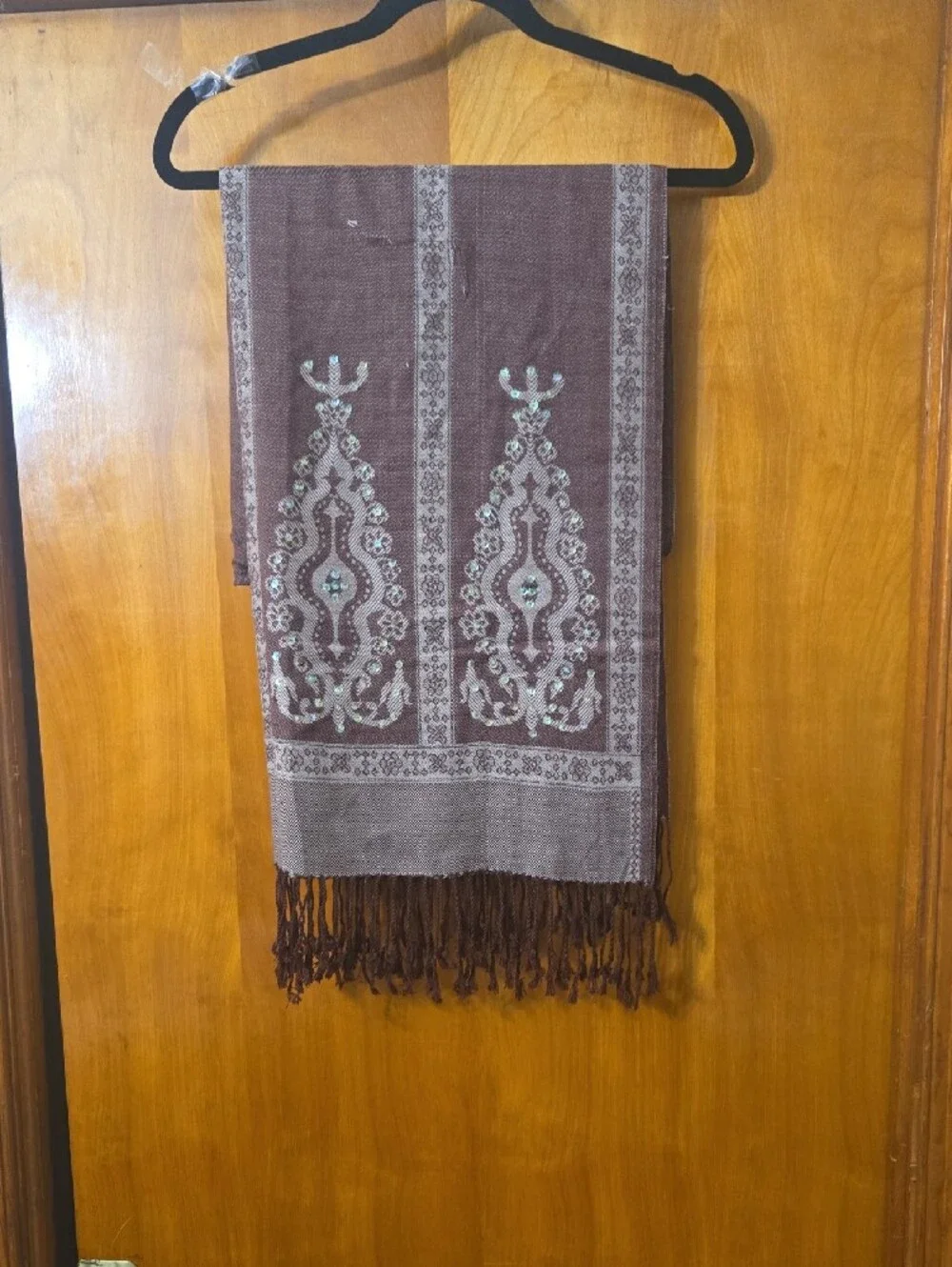 Embellished Paisley Fringe Scarf in Brown and Cream